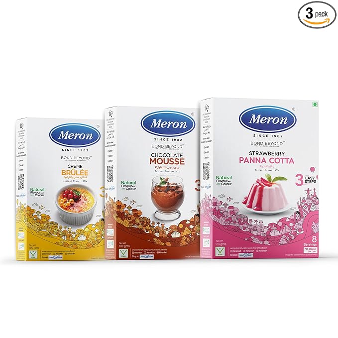 Meron’s Instant Dessert Mix Combos | Chocolate Mousse | Creme Brulee | Strawberry Panna Cotta | Natural Flavour & Colour | Preservative-Free | Vegan